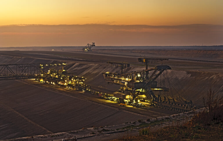 Brown coal opencast mining. Detail of the world's largest conveyor bridge F60. Long exposure in the blue hours. Germany, Brandenburg, Jaenschwalde.